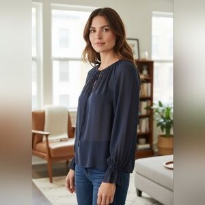 Elegant The Drop Piper Women's Blouse Navy Cutout Front Sheer Sleeves NWT XS